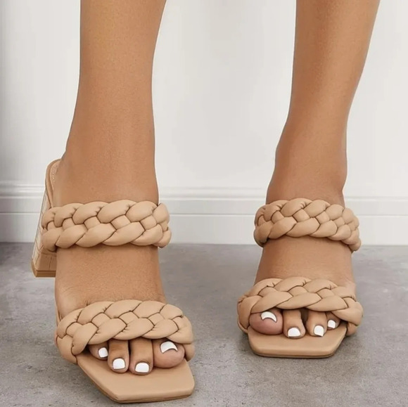 New Square toe braided mules, open toe chunky high heels 9 tan - Picture 2 of 4